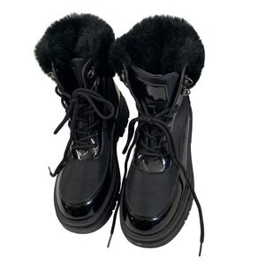 Olivia Miller Black Faux Fur Trim Combat Boots Lug Sole Womens Sz 7 Punk Indie